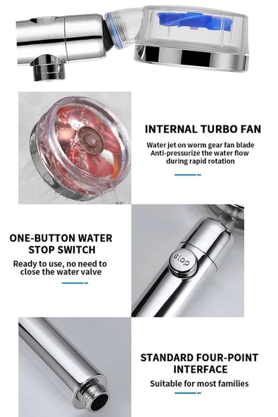 QNİAY Turbo Duş Başlığı Basınçlı Yağmurlama Stop Düğmeli Gümüş Gri Pervaneli Su Tasarruflu Duş Banyo - 3