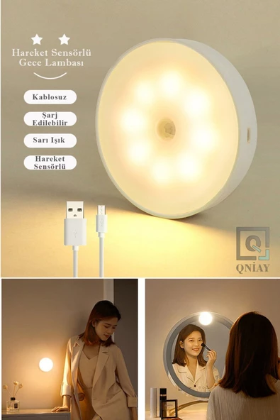 QNİAY 8 Ledli Hareket Sensörlü Usb Şarj Edilebilir Mıknatıslı Günışığı Sarı Led Işık Dolap Içi Ev Gece - 6