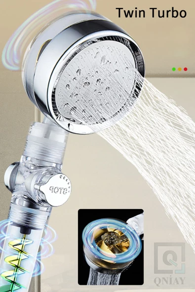 QNİAY Yeni Çift Pervaneli Turbo Fanlı Duş Başlığı Su Tasarruflu (Yeni Nesil) Yağmurlama Stop Düğmeli Banyo - Resim 5