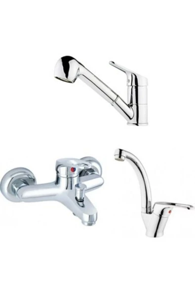 QNİAY Mix Spiralli Eviye Bataryası Berber + Mix Lavabo Bataryası + Banyo Bataryası