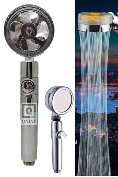 QNİAY Turbo Duş Başlığı Basınçlı Yağmurlama Stop Düğmeli Gümüş Gri Pervaneli Su Tasarruflu Duş Banyo