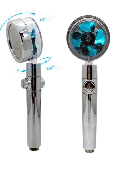 QNİAY Newqualty Fanlı Duş Başlığı Basınçlı Yağmurlama Stop Düğmeli Mavi Pervaneli Su Tasarruflu Duş Başlık