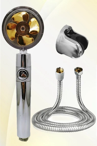 QNİAY Turbo Pervaneli Gold Jet Yeni Nesil Duş Başlığı Duş Hortumu Ve Klasik Mafsal Set