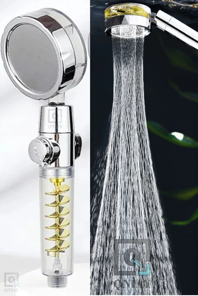 QNİAY Yeni Çift Pervaneli Turbo Fanlı Duş Başlığı Su Tasarruflu (Yeni Nesil) Yağmurlama Stop Düğmeli Banyo - Resim 4