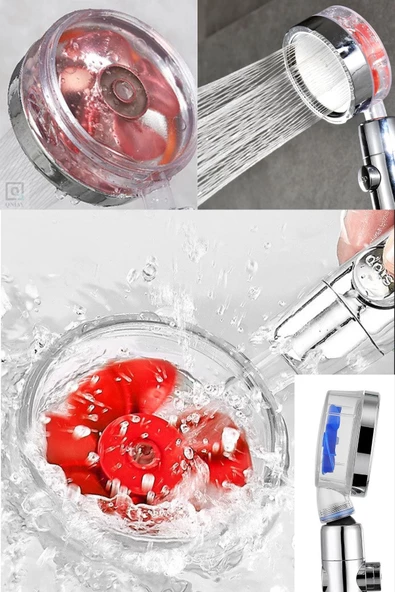 QNİAY Newqualty Fanlı Duş Başlığı Basınçlı Yağmurlama Stop Düğmeli Pembe Pervaneli Su Tasarruflu Duş Banyo - Resim 4