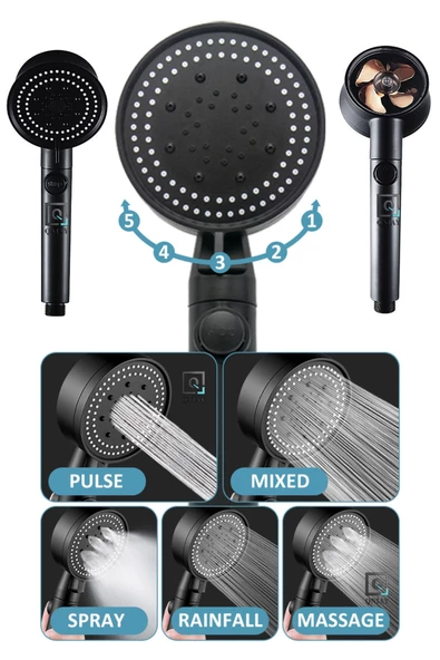 QNİAY Turbo Fanlı 3'lü Set Siyah 5 Fonksiyonlu Turbo Jet Pervaneli Duş Başlığı Örgülü Hortum Ve Askı Set - Resim 2