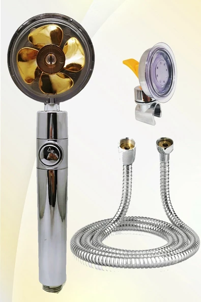 QNİAY Pervaneli Gold Jet Duş Başlığı Duş Hortumu Ve Vantuzlu Mafsal Set