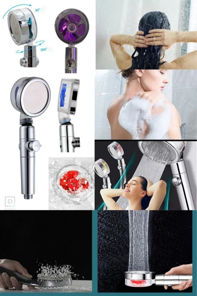 QNİAY Turbo Duş Başlığı Basınçlı Yağmurlama Stop Düğmeli Gümüş Gri Pervaneli Su Tasarruflu Duş Banyo - 4