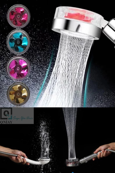 QNİAY Turbo Duş Başlığı Basınçlı Yağmurlama Stop Düğmeli Asorti Renk Pervaneli Su Tasarruflu Banyo Başlık - 5