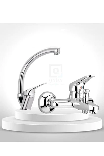 QNİAY 2’li Mix Kuğu Set Mix Banyo - Lavabo - Musluğu Çeşmesi Bataryası Çift Su Girişli Aç Kapa Set