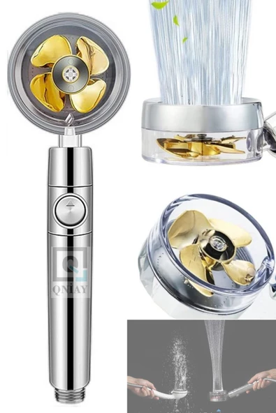 QNİAY Turbo Duş Başlığı Basınçlı Yağmurlama Stop Düğmeli Gold Renk Pervaneli Su Tasarruflu Duş Banyo