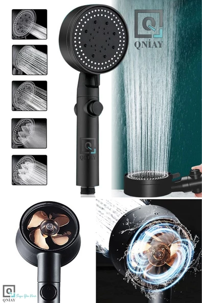 QNİAY Turbo Fanlı 3'lü Set Siyah 5 Fonksiyonlu Turbo Jet Pervaneli Duş Başlığı Örgülü Hortum Ve Askı Set - Resim 4