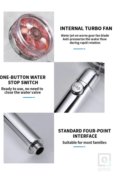 QNİAY Newqualty Fanlı Duş Başlığı Basınçlı Yağmurlama Stop Düğmeli Pembe Pervaneli Su Tasarruflu Duş Banyo - Resim 3