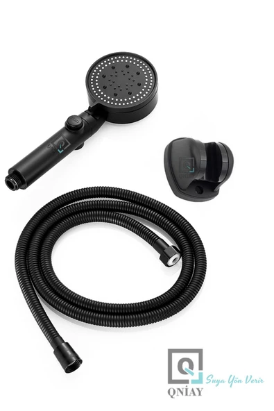 QNİAY Turbo Fanlı 3'lü Set Siyah 5 Fonksiyonlu Turbo Jet Pervaneli Duş Başlığı Örgülü Hortum Ve Askı Set - Resim 6