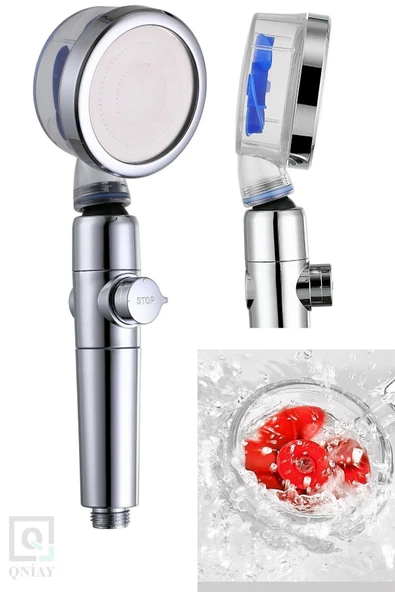 QNİAY Turbo Duş Başlığı Basınçlı Yağmurlama Stop Düğmeli Gümüş Gri Pervaneli Su Tasarruflu Duş Banyo - 2
