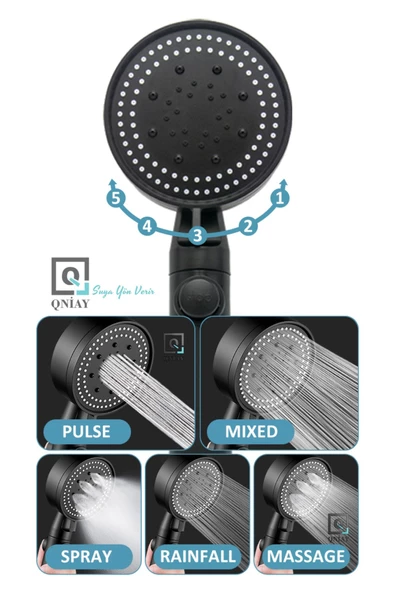 QNİAY Turbo Fanlı 3'lü Set Siyah 5 Fonksiyonlu Turbo Jet Pervaneli Duş Başlığı Örgülü Hortum Ve Askı Set - Resim 5