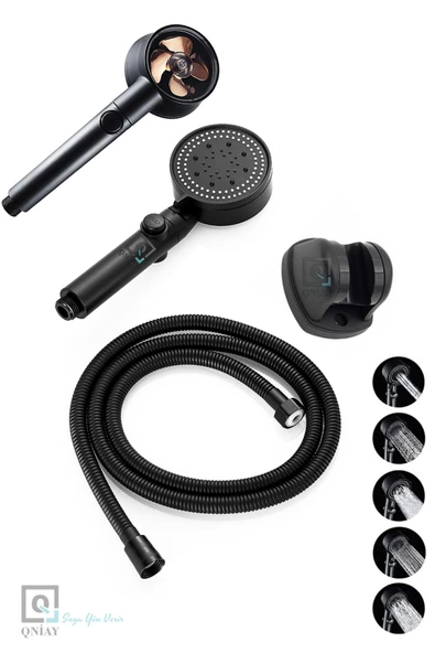 QNİAY Turbo Fanlı 3'lü Set Siyah 5 Fonksiyonlu Turbo Jet Pervaneli Duş Başlığı Örgülü Hortum Ve Askı Set