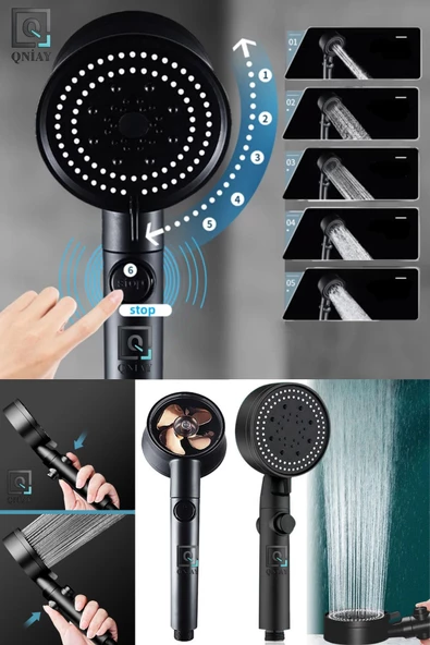 QNİAY 3 Lü Set Turbo Pervaneli 5 Fonksiyonlu Duş Başlığı Duş Hortumu 150 Cm Ve Mafsal Set