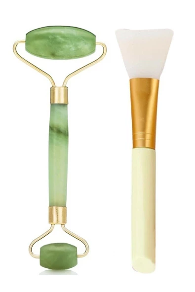 QNİAY New 2li Set Jade Roller Çift Taraflı Yeşim Taşı | Maske Sürme Fırçası Cilt Yüz Bakım Seti