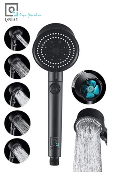 QNİAY 3 Lü Set Turbo Pervaneli 5 Fonksiyonlu Duş Başlığı Duş Hortumu 150 Cm Ve Mafsal Set - 5