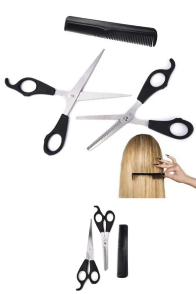 QNİAY Kuaför Seti Saç Kesme Ve Inceltme Makası Tarak - Berber Makası Ara Makas Tarak 3lü Set