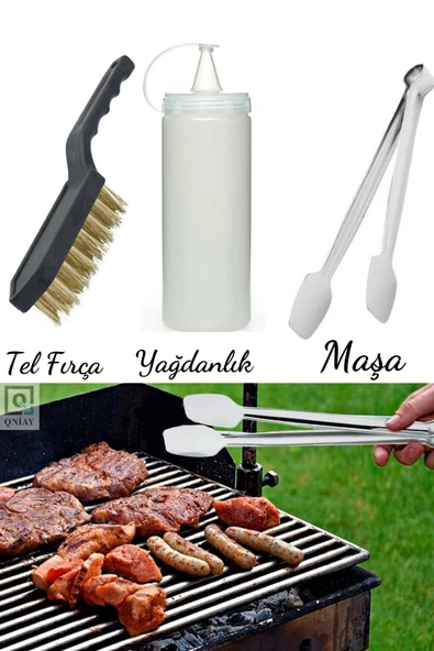 QNİAY Izgara Maşası | Temizleme Tel Fırça | Yağdanlık Kırılmaz Şişe 3 Lü Kamp Seti