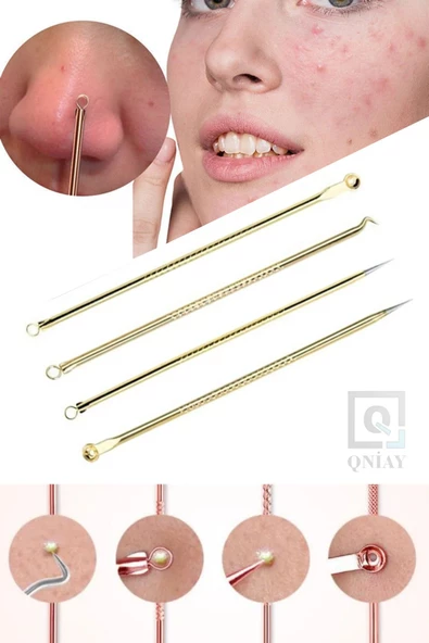 QNİAY Gold Paslanmaz Çelik Komedon Sivilce Akne Iğne Aracı Set Yüz Bakımı Siyah Nokta Leke Çıkarıcı