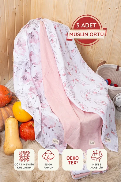 Luckka Dijital Baskılı 3'lü Müslin Örtü Seti - 75x75 cm - ZT5000 Pembe