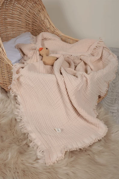 Müslin Püsküllü 4 Katlı Müslin Battaniye 90x120 cm - ZE4KATLI Ekru