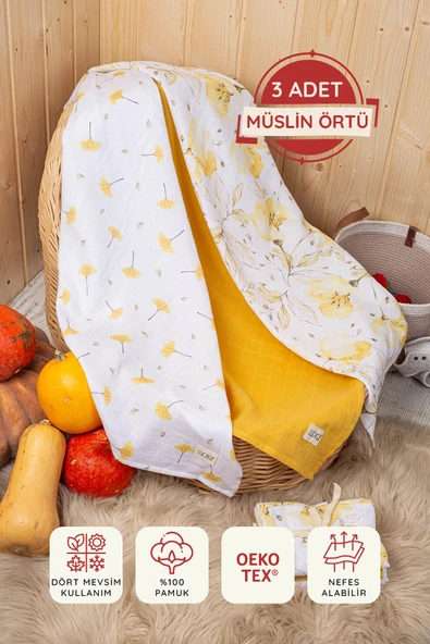 Luckka Dijital Baskılı 3'lü Müslin Örtü Seti - 75x75 cm - ZT5000  Sarı
