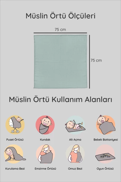 Luckka Dijital Baskılı 3'lü Müslin Örtü Seti - 75x75 cm - ZT5000 Yeşil - 5