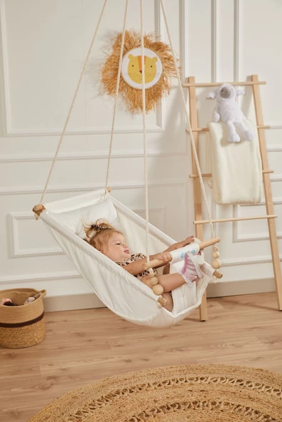 SVAVA Rüya Ahşap Bebek Hamak Salıncak - %100 Pamuk Ev Tipi Tavan Salıncağı (ham Kumaş)