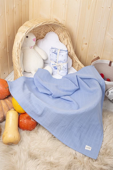 Luckka Dijital Baskılı 3'lü Müslin Örtü Seti - 75x75 cm - ZT5000 Mavi - 4