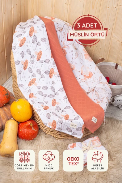 Luckka Dijital Baskılı 3'lü Müslin Örtü Seti - 75x75 cm - ZT5000  Turuncu