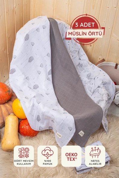 Luckka Dijital Baskılı 3'lü Müslin Örtü Seti - 75x75 cm - ZT5000  Gri