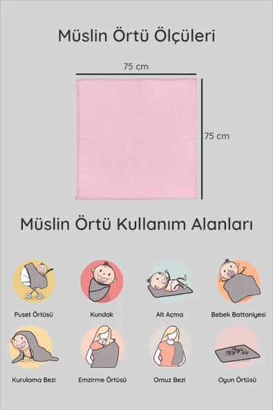 Luckka Dijital Baskılı 3'lü Müslin Örtü Seti - 75x75 cm - ZT5000 Pembe - 5