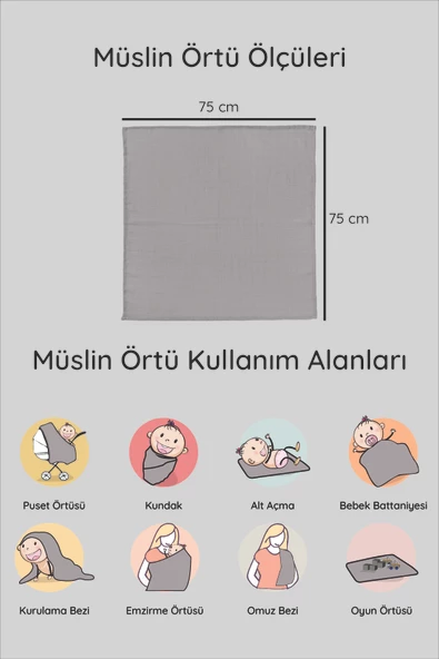 Luckka Dijital Baskılı 3'lü Müslin Örtü Seti - 75x75 cm - ZT5000  Gri - 5