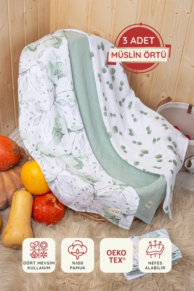 Luckka Dijital Baskılı 3'lü Müslin Örtü Seti - 75x75 cm - ZT5000  Yeşil