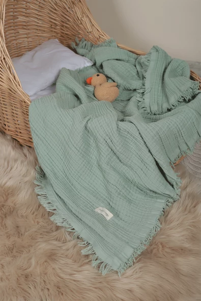 Müslin Püsküllü 4 Katlı Müslin Battaniye 90x120 cm - ZE4KATLI Yeşil
