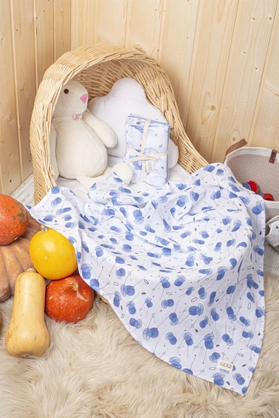 Luckka Dijital Baskılı 3'lü Müslin Örtü Seti - 75x75 cm - ZT5000 Mavi - 3