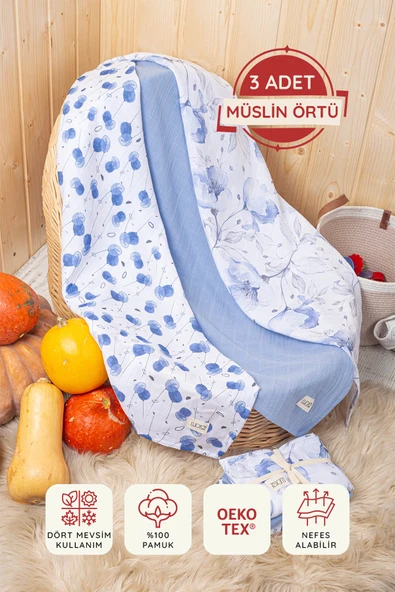 Luckka Dijital Baskılı 3'lü Müslin Örtü Seti - 75x75 cm - ZT5000 Mavi