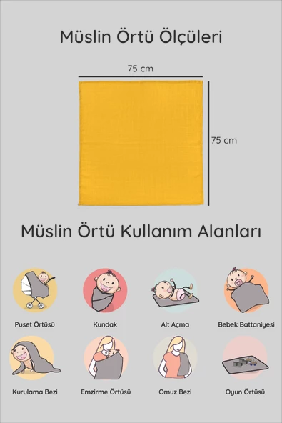 Luckka Dijital Baskılı 3'lü Müslin Örtü Seti - 75x75 cm - ZT5000 Sarı - 5