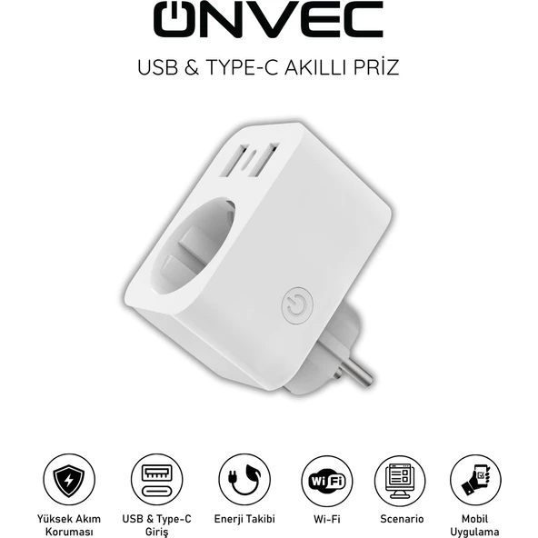 Onvec Usb Type-c Akıllı Tekli Priz, WiFi + BLE, Google Home ve Amazon Alexa Uyumlu, Uzaktan Kontrol, Anlık Enerji Tüketimi Takip, Zamanlayıcı Özellikli