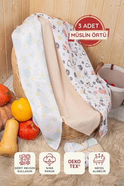 LUCKKA 3'lü Çok Amaçlı Müslin Örtü Seti - 75x75 cm - ZTC200  Ekru