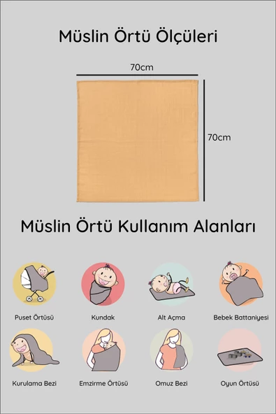 LUCKKA 3'lü Çok Amaçlı Müslin Örtü Seti - 75x75 cm - ZTC200 Turuncu - 5