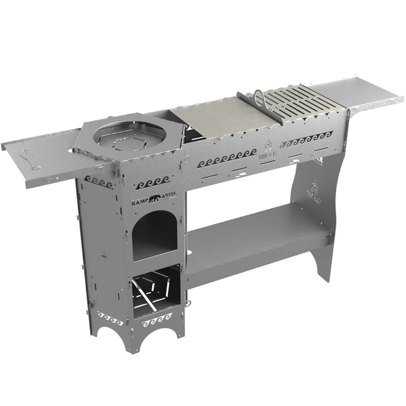 Kamp Ayısı® ForgeOut Pro™ Sobalı ve Izgaralı Taşınabilir Çantalı Katlanabilir 3mm Çelik Outdoor Mutfak Tezgahı
