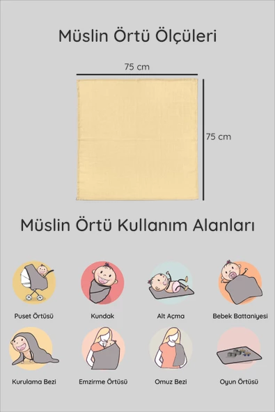 LUCKKA 3'lü Çok Amaçlı Müslin Örtü Seti - 75x75 cm - ZTC200  Sarı - 5