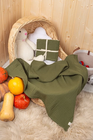 Luckka 2 Katlı Müslin Örtü , Oyuncak , Müslin Önlük Seti 75x75 cm - ZTCRINKLE Yeşil-Krem - 2