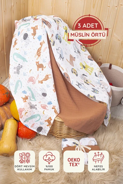 LUCKKA 3'lü Çok Amaçlı Müslin Örtü Seti - 75x75 cm - ZTC200 Kahverengi