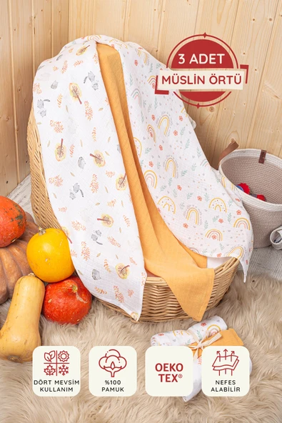 LUCKKA 3'lü Çok Amaçlı Müslin Örtü Seti - 75x75 cm - ZTC200  Turuncu